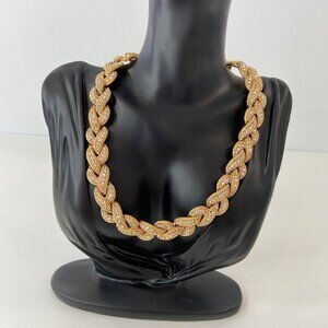 Vintage Gold Tone Rhinestone Braided Link Statement Necklace 80s 90s Department